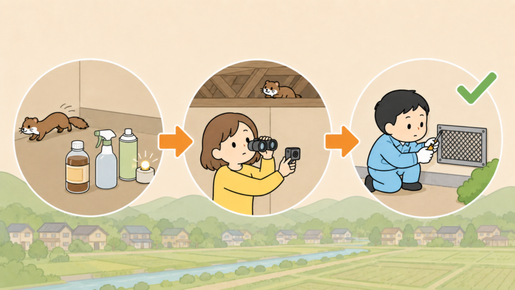 木酢液や忌避剤、くん煙剤と点滅ライトで離れていくイタチ、双眼鏡と小型カメラで天井裏を確かめる住民女性、換気口に金網を取り付ける作業員を矢印でつなぎ、追い出しから再侵入防止までの流れを表したいらすとや風イラスト
