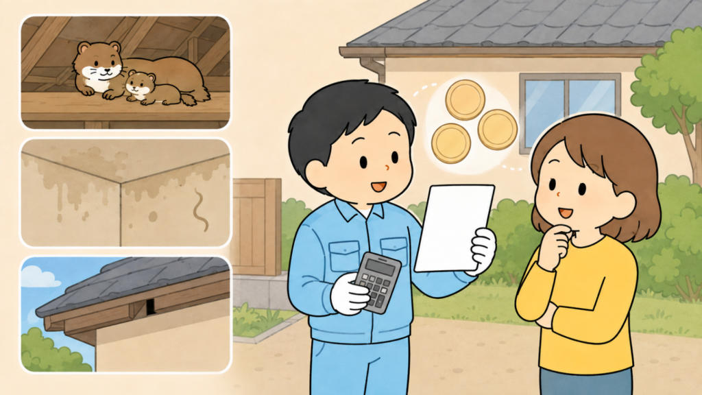 天井裏の幼獣の親子や広がる糞尿のしみ、高い屋根の隙間を小さなコマで示し、見積書と電卓を手に説明する作業員と話を聞く住民女性、硬貨のアイコンを添えて業者に頼むべき場面と費用の目安を表したいらすとや風イラスト