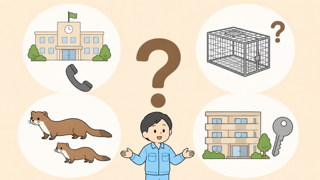 大きなはてなマークのまわりに、市役所と電話、疑問符を添えた空の捕獲檻、大きさの違う二匹のイタチ、賃貸マンションと鍵の四つのコマを配置して、城陽市のイタチ駆除でよくある質問を表したいらすとや風イラスト