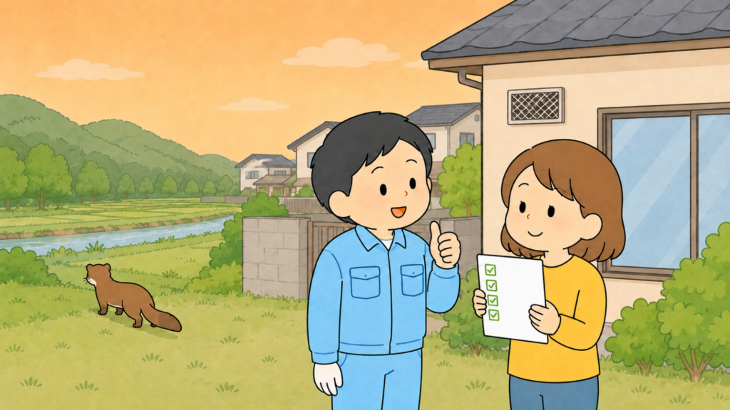 夕方の丘陵の緑と川沿いの田畑、住宅地を背景に、金網で封鎖された換気口のある家の前でチェックリストを持つ住民女性と親指を立てる作業員、緑地へ帰っていくイタチを描き、窓口相談を起点にした対処を表すいらすとや風イラスト