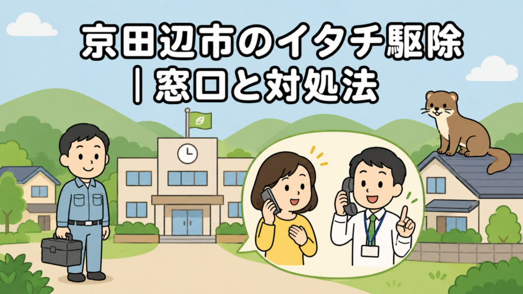 なだらかな丘陵の緑と田畑が広がる住宅地を背景に、時計と旗のある市役所と電話で相談する住民女性、受話器を持つ職員、屋根に座るイタチ、工具箱を持つ作業員を配置した京田辺市のイタチ駆除の窓口と対処法を表すいらすとや風イラスト