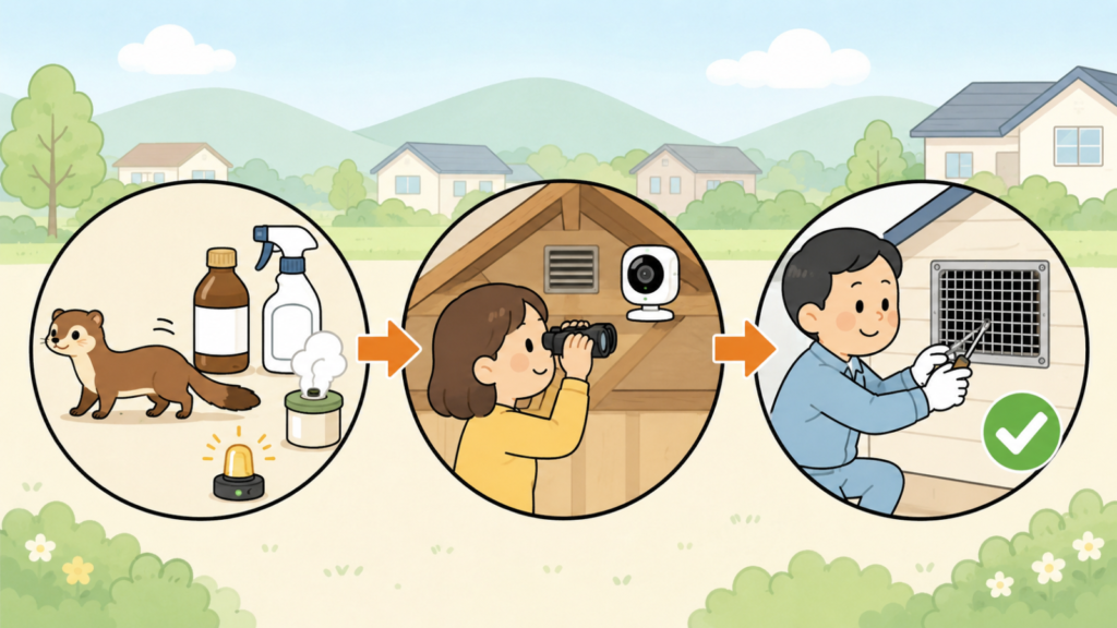 木酢液や忌避剤、くん煙剤と点滅ライトで離れていくイタチ、双眼鏡と小型カメラで天井裏を確かめる住民女性、換気口に金網を取り付ける作業員を矢印でつなぎ、追い出しから再侵入防止までの流れを表したいらすとや風イラスト