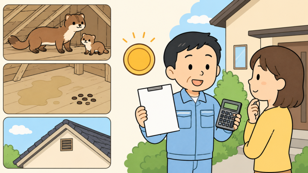 天井裏の幼獣の親子や広がる糞尿のしみ、高い屋根の隙間を小さなコマで示し、見積書と電卓を手に説明する作業員と話を聞く住民女性、硬貨のアイコンを添えて業者に頼むべき場面と費用の目安を表したいらすとや風イラスト
