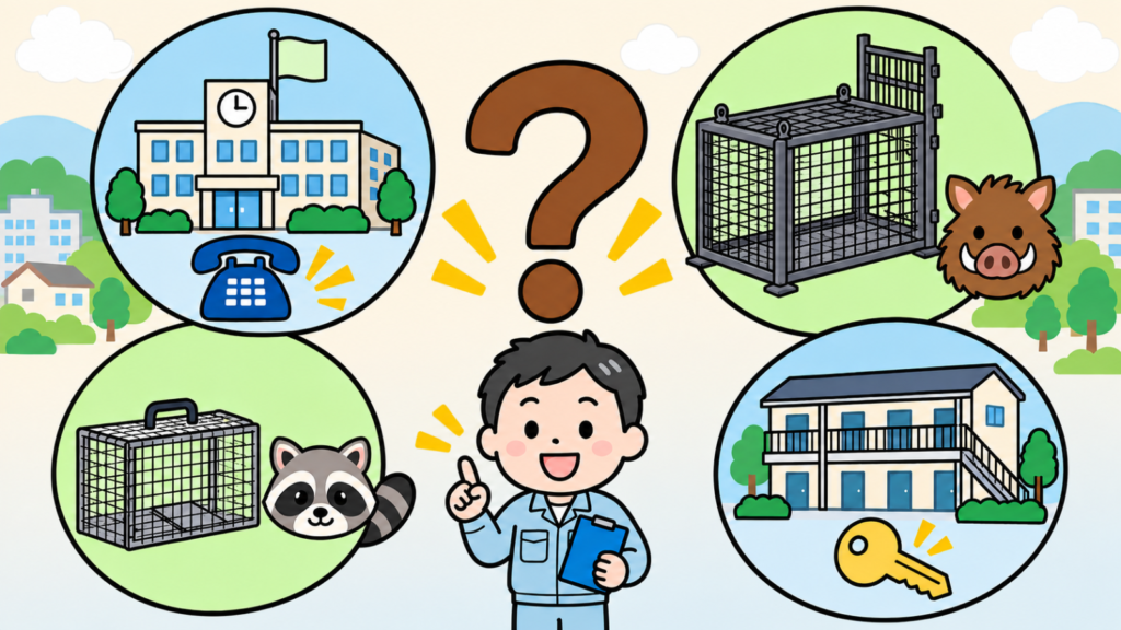 大きなはてなマークのまわりに、市役所と電話、大きめの箱わなとイノシシの顔、小さめの捕獲器とアライグマの顔、賃貸マンションと鍵の四つのコマを配置し、市のわなと貸出の対象動物の違いを表したいらすとや風イラスト
