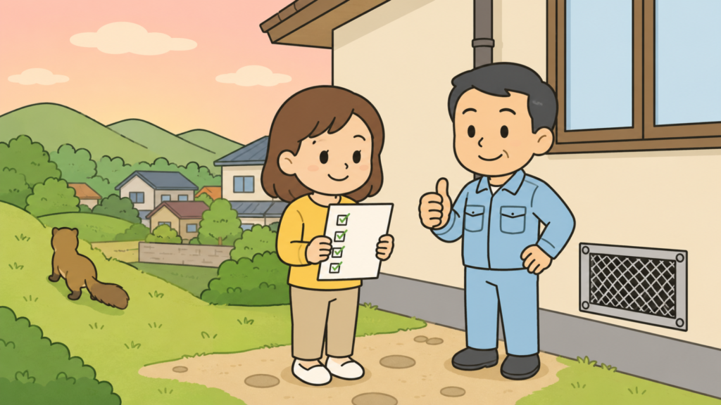 夕方の丘陵の緑と田畑、住宅地を背景に、金網で封鎖された換気口のある家の前でチェックリストを持つ住民女性と親指を立てる作業員、緑地へ帰っていくイタチを描き、窓口相談を起点にした対処を表すいらすとや風イラスト