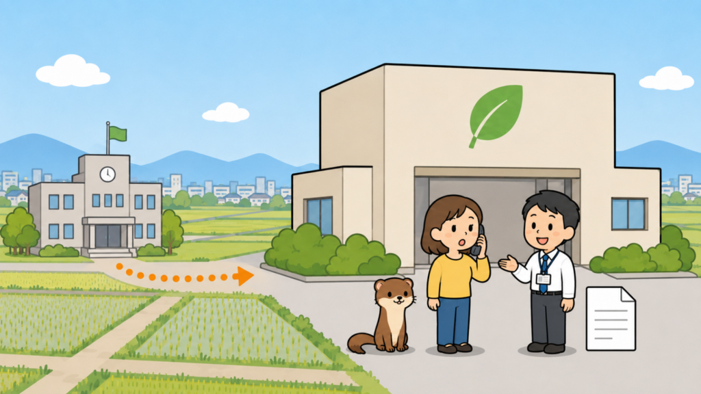 左に時計と旗のある市役所、右に緑の葉マークが付いたリサイクル館を描き、市役所から建物へオレンジの点線矢印を伸ばして、鳥獣の相談窓口が本庁舎ではなくリサイクル館内の農政課にあることを表したいらすとや風イラスト