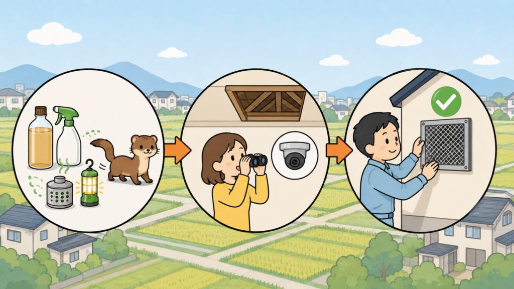 木酢液や忌避剤、くん煙剤と点滅ライトで離れていくイタチ、双眼鏡とカメラで天井裏を確かめる住民女性、換気口に金網を取り付ける作業員を矢印でつなぎ、追い出しから再侵入防止までの流れを表したいらすとや風イラスト
