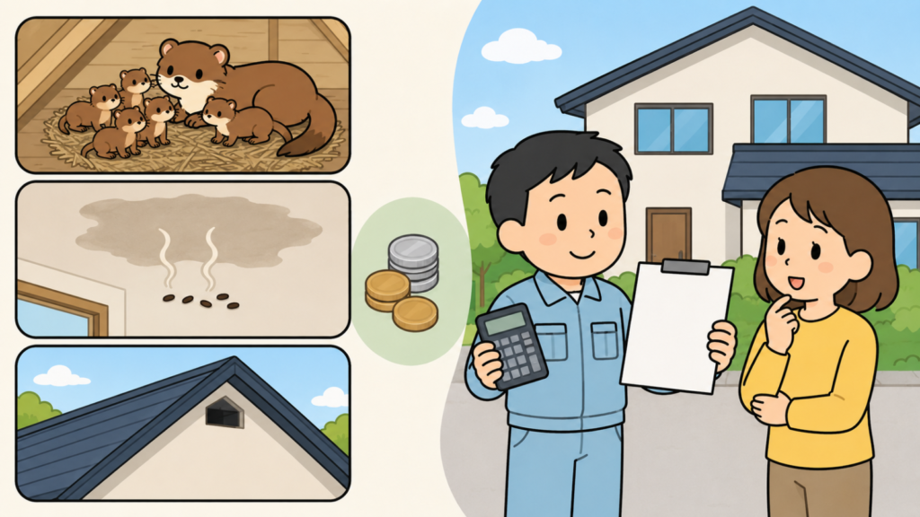 天井裏の幼獣の親子や広がる糞尿のしみ、高い屋根の隙間を小さなコマで示し、見積書と電卓を手に説明する作業員と話を聞く住民女性、硬貨のアイコンを添えて業者に頼むべき場面と費用の目安を表したいらすとや風イラスト