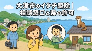 大津市のイタチ駆除の相談窓口と県の許可を表すいらすとや風のメインアイキャッチ。琵琶湖の湖岸と背後の山並み、住宅街を背景に、スマートフォンで相談する女性と工具箱を持つ作業員、電話で応対する職員の吹き出し、瓦屋根の上のイタチを描いている