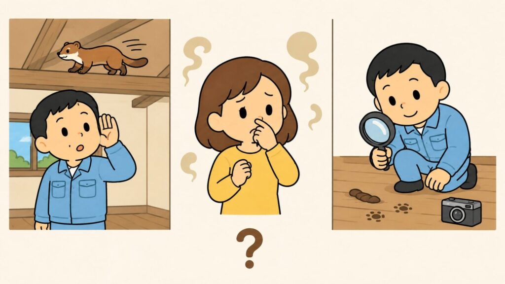 天井裏を走るイタチの物音に耳を澄ます住民、糞尿の臭いに顔をしかめる住民、虫眼鏡とカメラで細長い糞と足跡を調べる住民の3場面を並べ、下部のクエスチョンマークで手掛かり一つだけでは動物を断定できないことを示したいらすとや風イラスト