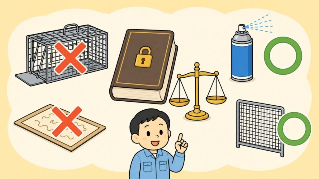 錠前と天秤が描かれた法律の本を中央に置き、左に赤いバツ印の付いた箱わなと粘着シート、右に緑の丸印の付いた忌避スプレーと金網を配置し、人差し指を立てて説明する作業員を添えたいらすとや風イラスト