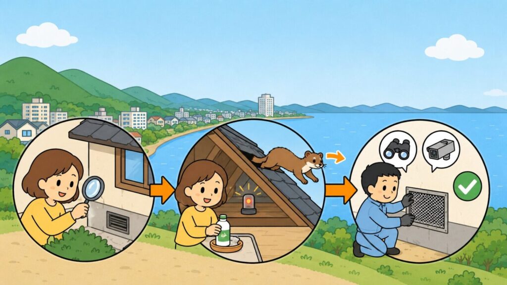 琵琶湖の湖岸と山並みを背景に、換気口の隙間を虫眼鏡で点検する場面、屋根裏に忌避剤とライトを仕掛けてイタチを追い出す場面、双眼鏡とカメラで確認してから金網を取り付ける場面を矢印でつないだいらすとや風イラスト