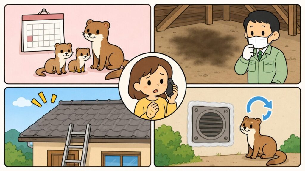 カレンダーの前に並ぶ親子のイタチ、マスクを着けて天井裏の広い汚れを確認する作業員、はしごを立てかけた屋根の注意マーク、封鎖した換気口の横に再び現れたイタチの4場面と、中央で困り顔で電話する住民を描いたいらすとや風イラスト