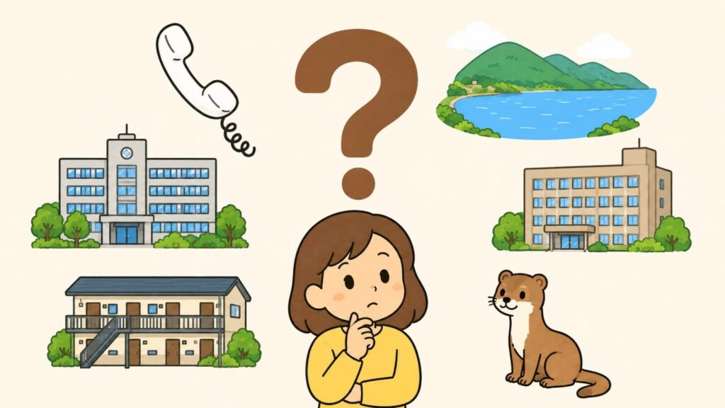 クエスチョンマークを中央に置き、受話器、湖と山並みの風景、市役所の庁舎、県の事務所の庁舎、賃貸アパート、イタチのアイコンを周囲に配して、あごに手を当てて考える住民を添えたいらすとや風イラスト