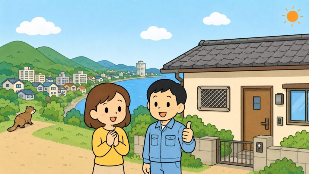 琵琶湖の湖岸と山並み、住宅街を背景に、金網で換気口をふさいだ住宅の前で笑顔の住民と親指を立てる作業員が並び、湖岸の草地へ去っていくイタチを描いた、大津市での対策完了を表すいらすとや風イラスト