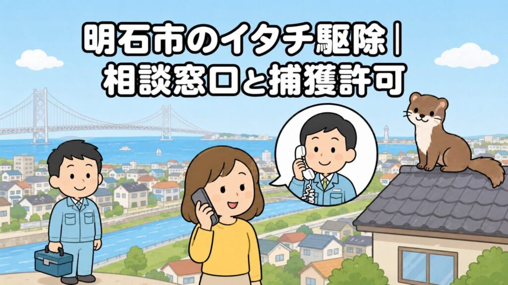 明石市のイタチ駆除の相談窓口と捕獲許可を表すいらすとや風のメインアイキャッチ。海峡に架かる大きな吊り橋と海、川沿いの平坦な住宅街を背景に、スマートフォンで相談する女性と工具箱を持つ作業員、電話で応対する職員の吹き出し、瓦屋根の上のイタチを描いている