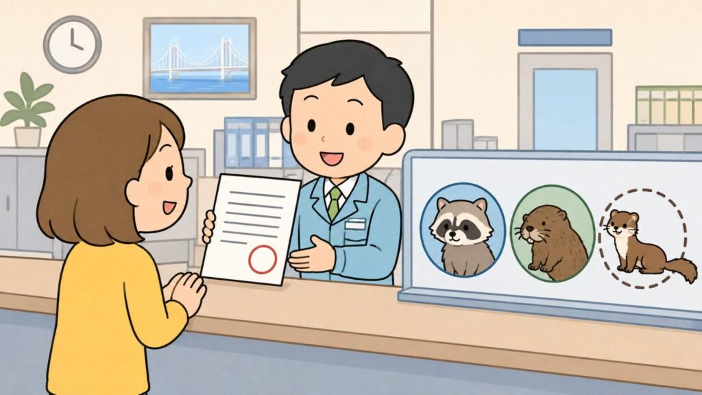 市役所の窓口カウンターで職員が判子付きの書類を示しながら相談者に応対し、脇のパネルにアライグマとヌートリアの丸いアイコン、その横に点線の丸で区別されたイタチを並べて、対象となる動物の違いを示した明石市の相談窓口のいらすとや風イラスト