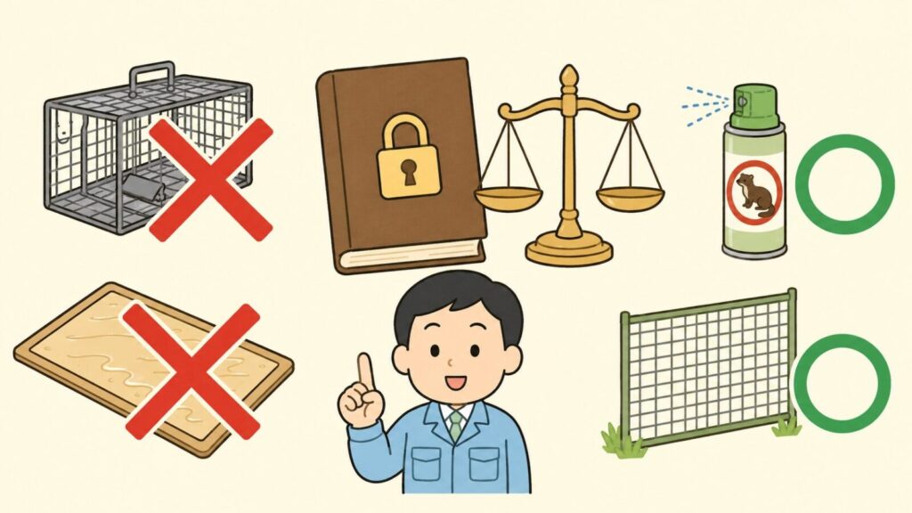 錠前と天秤が描かれた法律の本を中央に置き、左に赤いバツ印の付いた箱わなと粘着シート、右に緑の丸印の付いた忌避スプレーと金網を配置し、人差し指を立てて説明する作業員を添えたいらすとや風イラスト