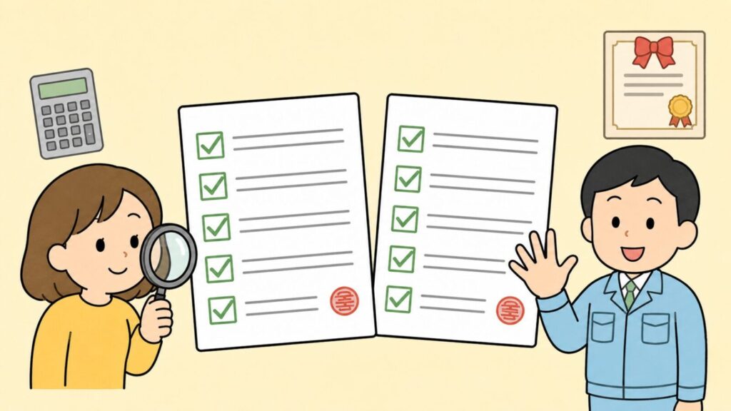 虫眼鏡で見積書を確認する住民と、手のひらを開いて5つのポイントを示す作業員を左右に配置し、緑のチェックマークが並んだ判子付きの書類2枚と電卓、資格証を添えたいらすとや風イラスト