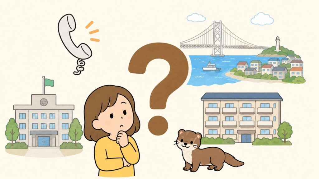 クエスチョンマークを中央に置き、受話器、吊り橋と海の風景、市役所の庁舎、集合住宅、イタチのアイコンを周囲に配して、あごに手を当てて考える住民を添えた、明石市のイタチ駆除のよくある質問を表すいらすとや風イラスト