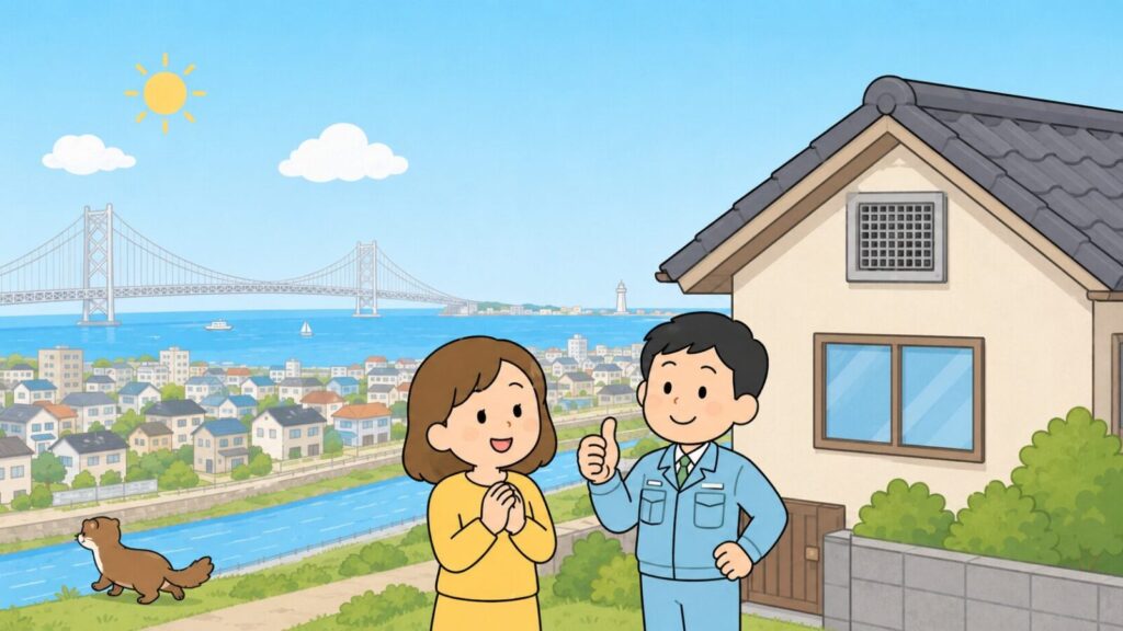 海峡に架かる吊り橋と川沿いの平坦な住宅街を背景に、金網で換気口をふさいだ住宅の前で笑顔の住民と親指を立てる作業員が並び、川べりの草地へ去っていくイタチを描いた、明石市での対策完了を表すいらすとや風イラスト