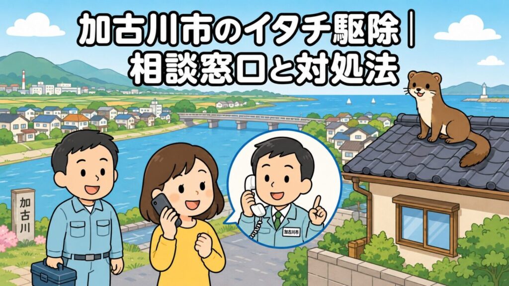 加古川市のイタチ駆除の相談窓口と対処法を表すいらすとや風のメインアイキャッチ。市の中央を流れる大きな川と橋、川沿いの住宅街と海を背景に、スマートフォンで相談する女性と工具箱を持つ作業員、電話で応対する職員の吹き出し、瓦屋根の上のイタチを描いている
