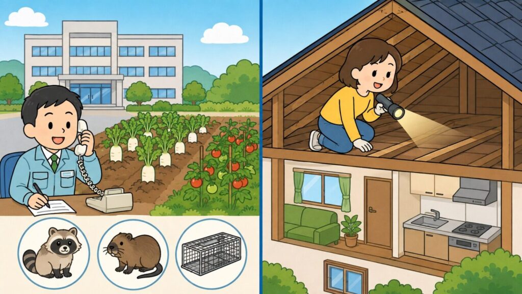 画面を左右に分け、左側に市役所の庁舎と畑の農作物を前に電話で応対する職員、下部にアライグマ・ヌートリア・箱わなのアイコンを配し、右側に住宅の断面図で屋根裏を懐中電灯で自分で点検する住民を描いた、加古川市の対応範囲を表すいらすとや風イラスト