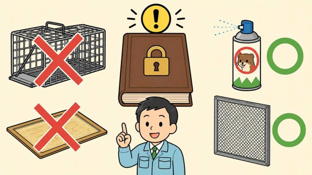 錠前アイコン付きの法律の本と黄色い注意マークを中央に置き、左に赤いバツ印の付いた箱わなと粘着シート、右に緑の丸印の付いた忌避スプレーと金網を配置し、人差し指を立てて説明する作業員を添えたいらすとや風イラスト