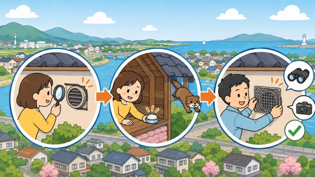 大きな川と橋、川沿いの住宅街を背景に、換気口の隙間を虫眼鏡で点検する場面、屋根裏に忌避剤を置いてイタチを追い出す場面、双眼鏡とカメラで確認してから金網を取り付ける場面を矢印でつないだいらすとや風イラスト