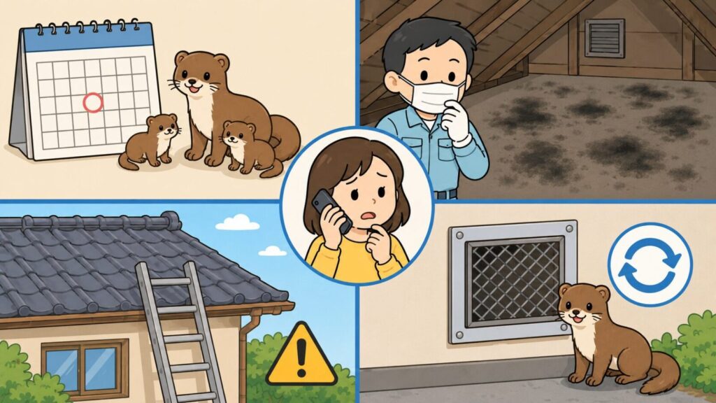 カレンダーの前に並ぶ親子のイタチ、マスクと手袋で天井裏の広い汚れを確認する作業員、はしごを立てかけた屋根の注意マーク、金網でふさいだ換気口の横に再び現れたイタチの4場面と、中央で困り顔で電話する住民を描いたいらすとや風イラスト