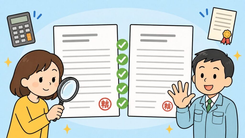 虫眼鏡で見積書を確認する住民と、手のひらを開いて5つのポイントを示す作業員を左右に配置し、緑のチェックマークが並んだ判子付きの書類2枚と電卓、資格証を添えたいらすとや風イラスト