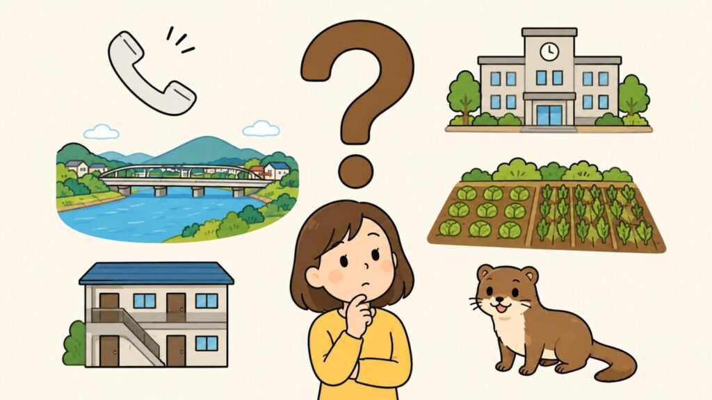クエスチョンマークを中央に置き、受話器、大きな川と橋の風景、市役所の庁舎、畑の農作物、集合住宅、イタチのアイコンを周囲に配して、あごに手を当てて考える住民を添えたいらすとや風イラスト