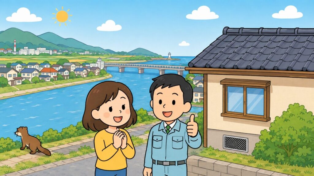 大きな川と橋、川沿いの住宅街と遠くの海を背景に、金網で換気口をふさいだ住宅の前で笑顔の住民と親指を立てる作業員が並び、川べりの草地へ去っていくイタチを描いた、加古川市での対策完了を表すいらすとや風イラスト