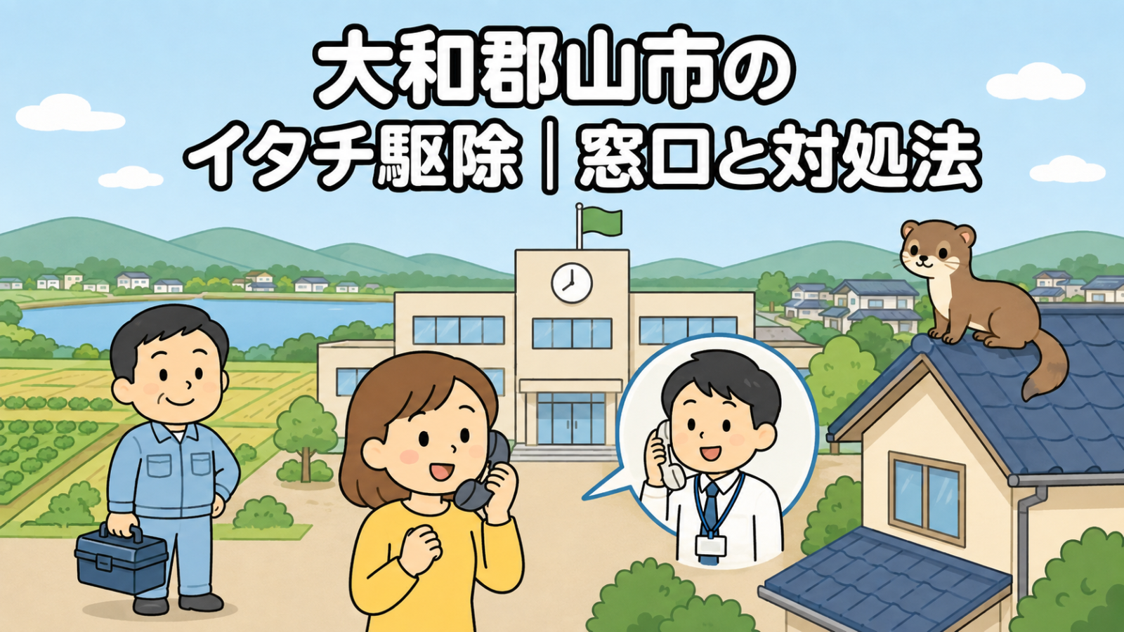 奈良盆地の田畑とため池が広がる住宅地を背景に、時計と旗のある市役所と電話で相談する住民女性、受話器を持つ職員、屋根に座るイタチ、工具箱を持つ作業員を配置した大和郡山市のイタチ駆除の窓口と対処法を表すいらすとや風イラスト