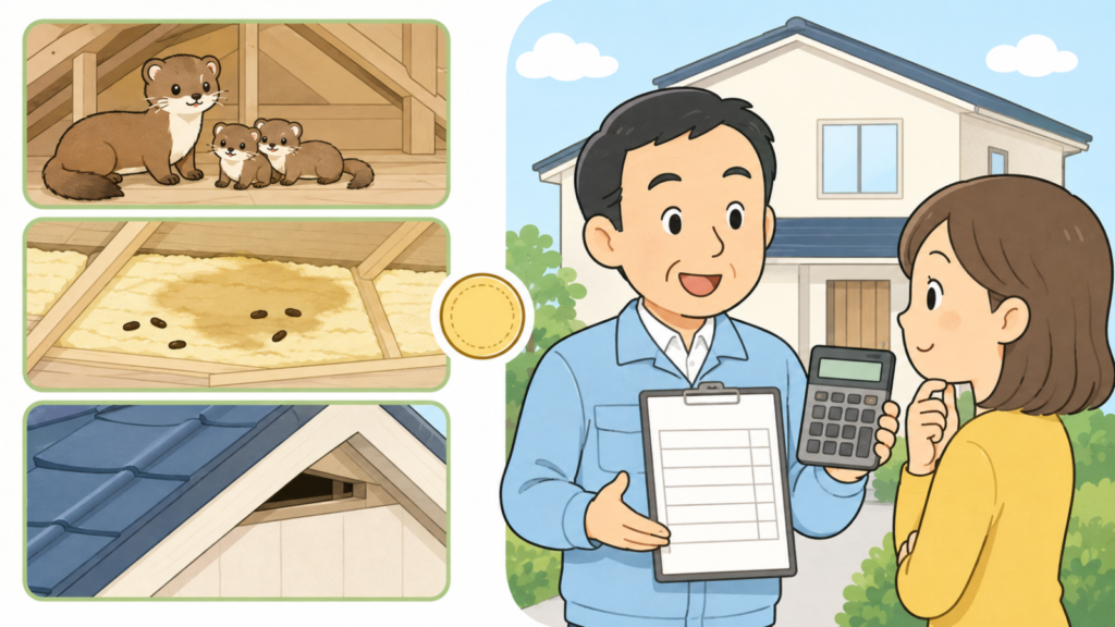 天井裏の幼獣の親子や広がる糞尿のしみ、高い屋根の隙間を三つのコマで示し、見積書と電卓を手に説明する作業員と話を聞く住民女性、硬貨のアイコンを添えて業者に頼むべき場面と費用の目安を表したいらすとや風イラスト