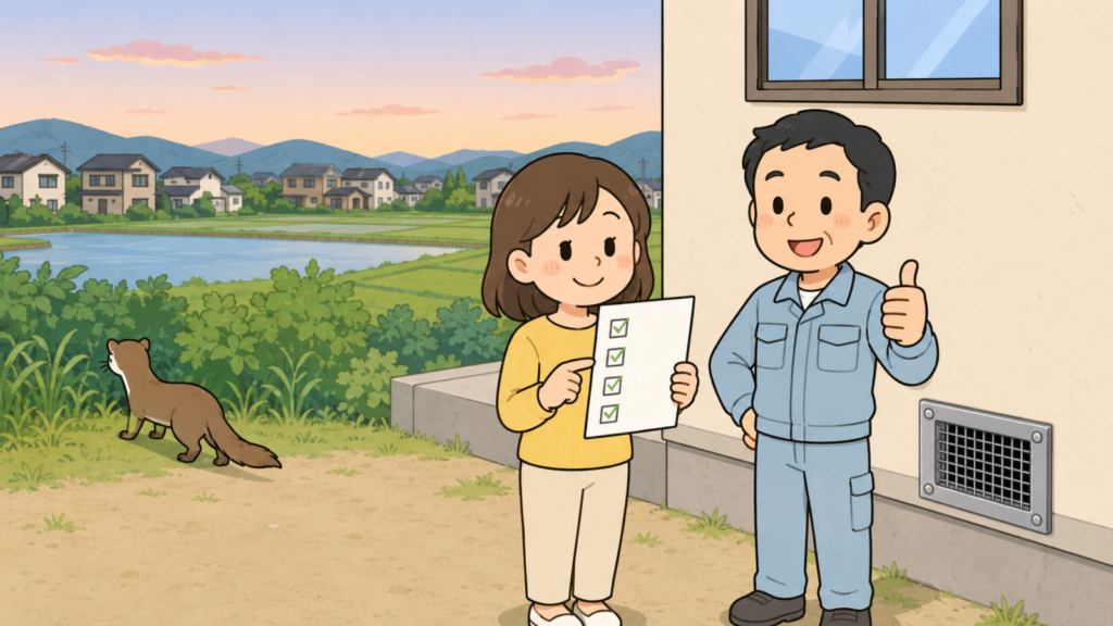 夕方の田畑とため池、住宅地を背景に、金網で封鎖された換気口のある家の前でチェックリストを持つ住民女性と親指を立てる作業員、草むらへ帰っていくイタチを描き、窓口相談を起点にした対処を表すいらすとや風イラスト