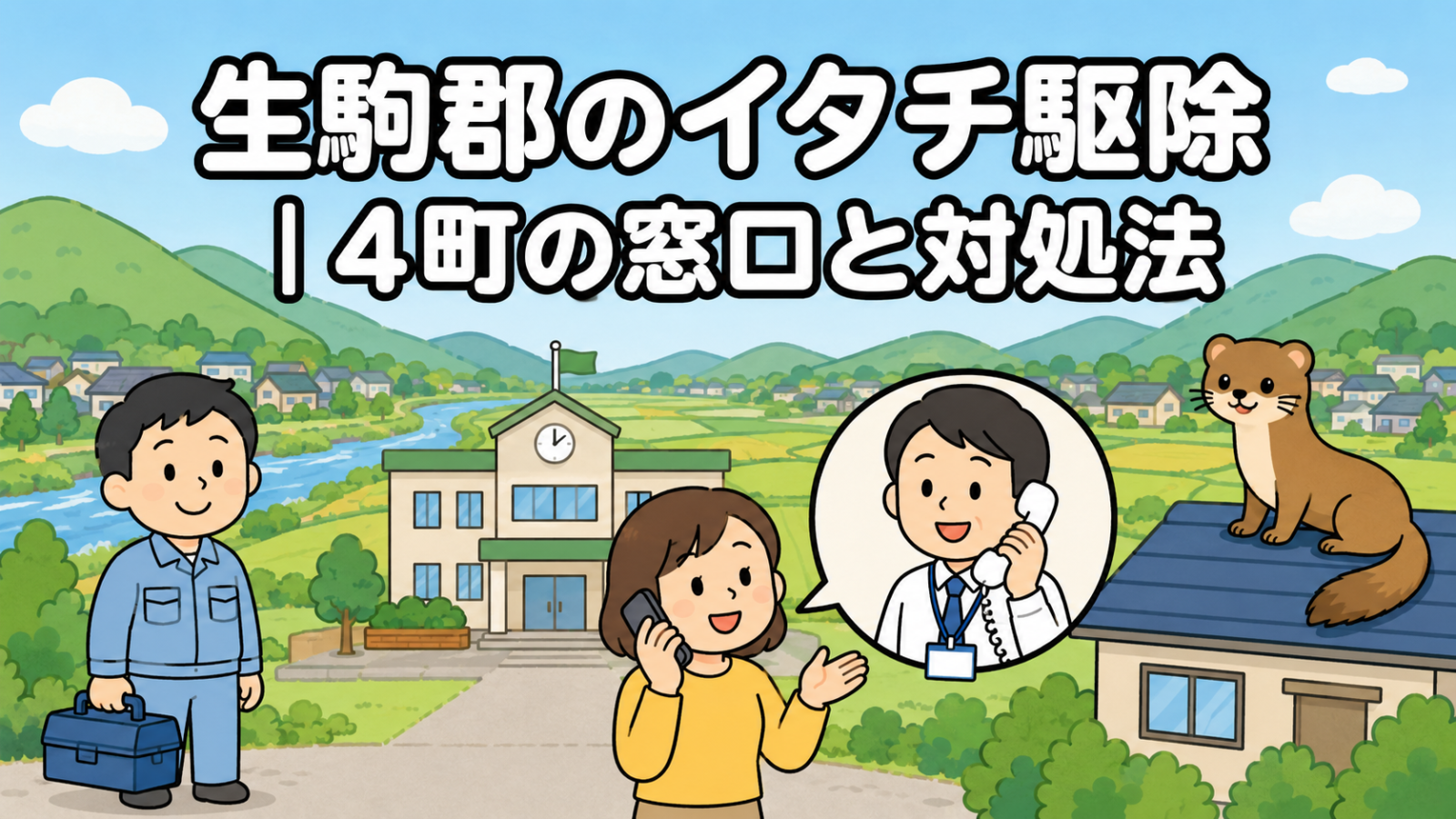 丘陵の緑と川沿いの田畑が広がる住宅地を背景に、時計と旗のある町役場と電話で相談する住民女性、受話器を持つ町職員、屋根に座るイタチ、工具箱を持つ作業員を配置した生駒郡のイタチ駆除の窓口と対処法を表すいらすとや風イラスト