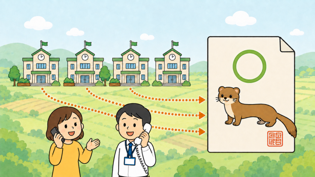 時計と旗のある同じ形の町役場を四つ並べ、そのうち三つから判子の押された書類へオレンジの点線矢印を伸ばし、書類の上のイタチと緑の丸を添えて、四町のうち三町が捕獲許可の例規を公開していることを表したいらすとや風イラスト
