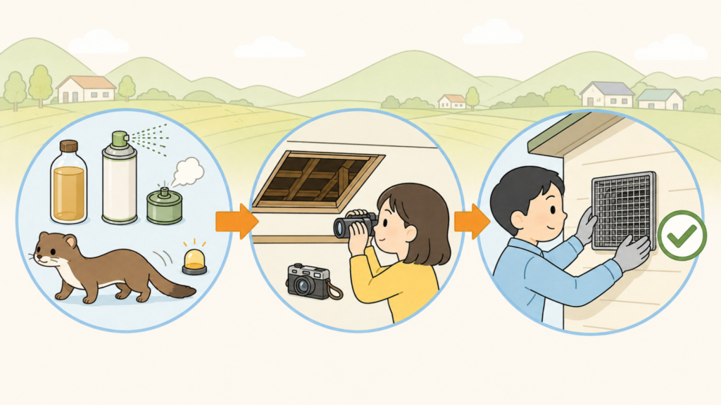 木酢液や忌避剤、くん煙剤と点滅ライトで離れていくイタチ、双眼鏡とカメラで天井裏を確かめる住民女性、換気口に金網を取り付ける作業員を矢印でつなぎ、追い出しから再侵入防止までの流れを表したいらすとや風イラスト