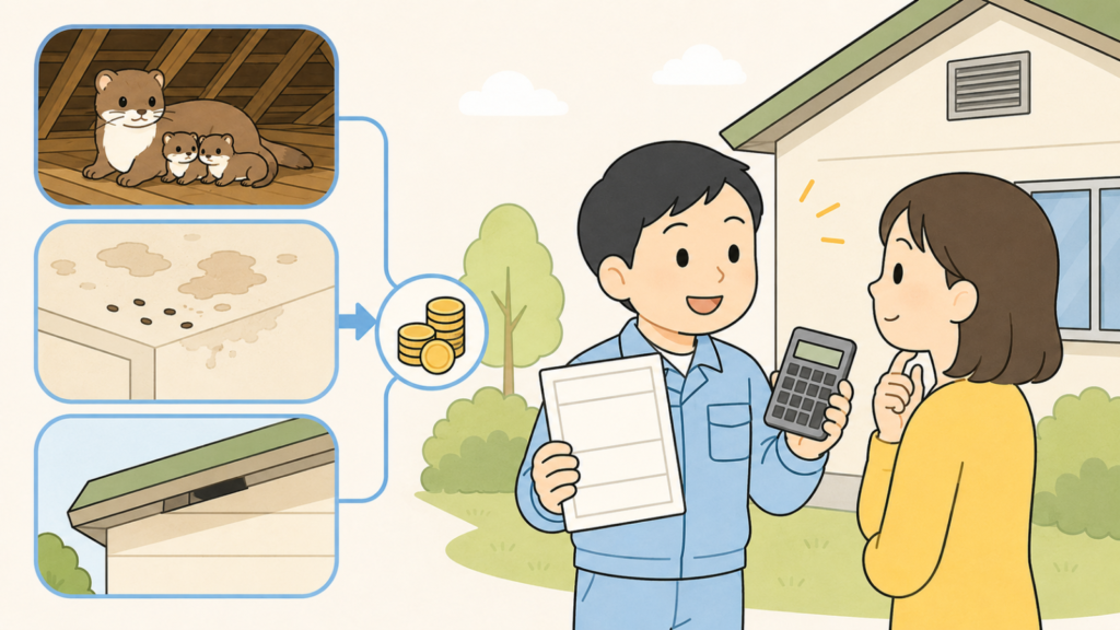 天井裏の幼獣の親子や広がる糞尿のしみ、屋根の隙間を三つのコマで示し、硬貨のアイコンから見積書と電卓を手に説明する作業員と話を聞く住民女性へつないで、業者に頼むべき場面と費用の目安を表したいらすとや風イラスト