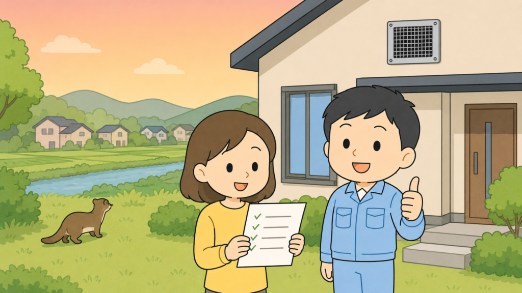 夕方の丘陵と川沿いの田畑、住宅地を背景に、金網で封鎖された換気口のある家の前でチェックリストを持つ住民女性と親指を立てる作業員、草地へ帰っていくイタチを描き、窓口相談を起点にした対処を表すいらすとや風イラスト