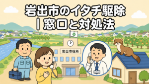 川沿いの平地に広がる岩出市の住宅地と果樹園を背景に、時計と旗のある岩出市役所と電話で相談する住民女性、受話器を持って応対する市職員、屋根の上に座るイタチ、工具箱を持つ作業服の男性を描いたいらすとや風イラスト