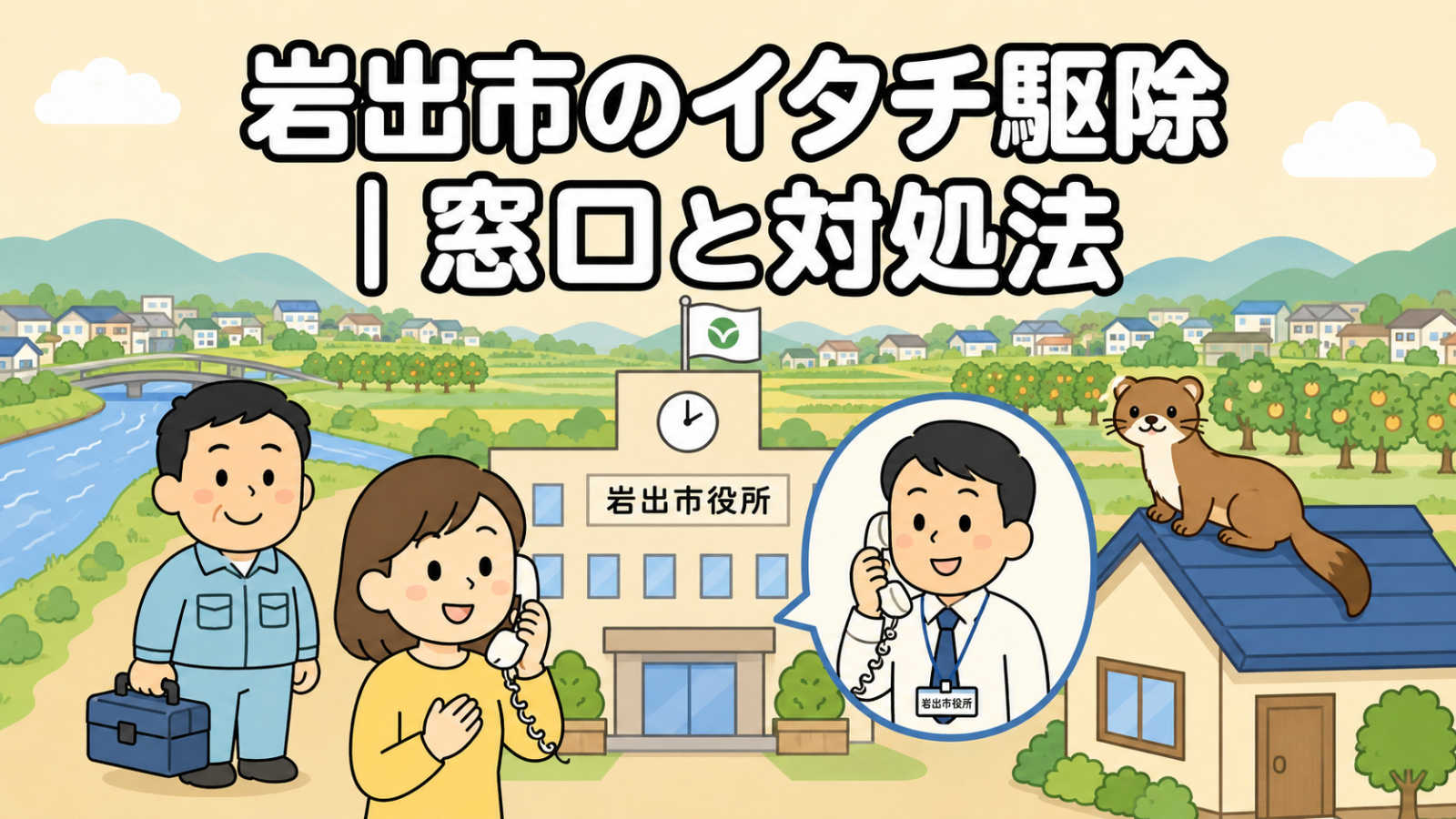 川沿いの平地に広がる岩出市の住宅地と果樹園を背景に、時計と旗のある岩出市役所と電話で相談する住民女性、受話器を持って応対する市職員、屋根の上に座るイタチ、工具箱を持つ作業服の男性を描いたいらすとや風イラスト