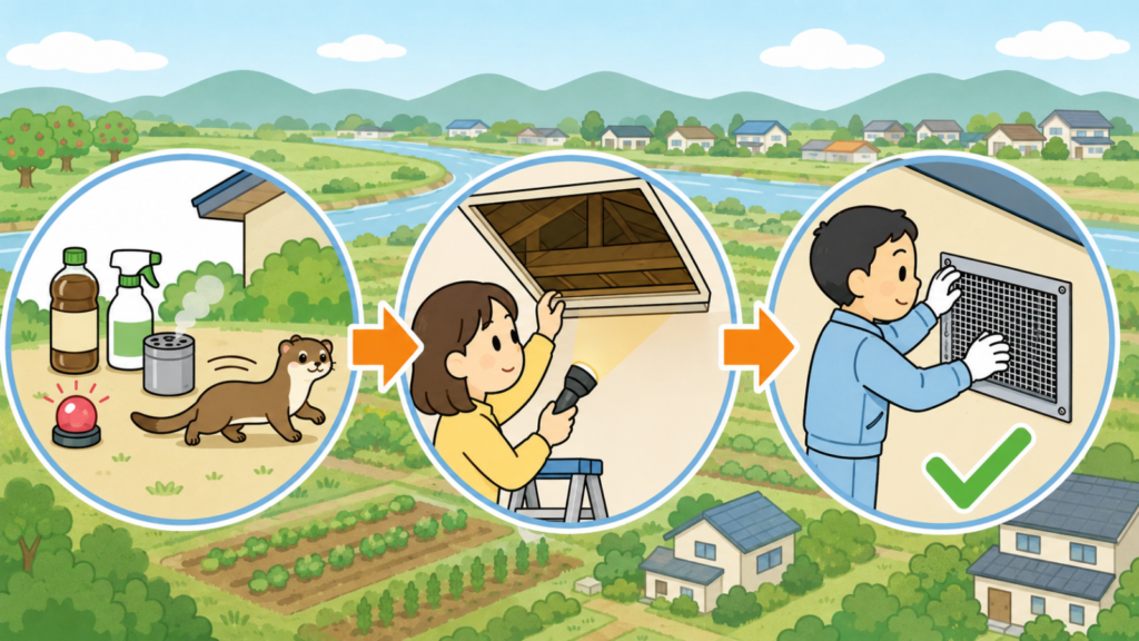 木酢液や忌避剤スプレー、くん煙剤と点滅ライトで離れていくイタチ、天井の点検口を懐中電灯で照らして誰もいないか確かめる住民女性、換気口に金網を取り付ける作業服の男性を矢印でつないだいらすとや風イラスト