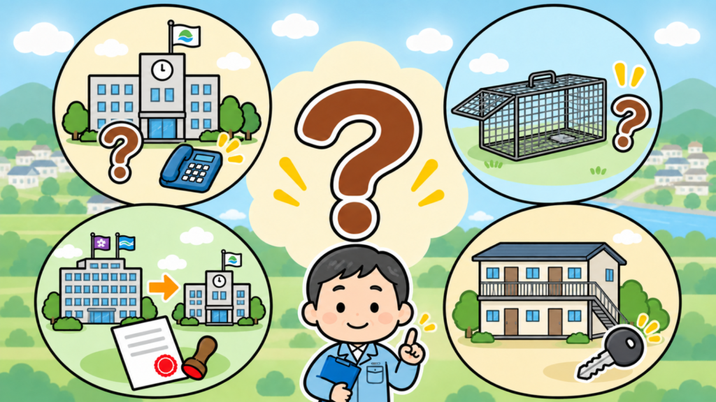 大きなはてなマークのまわりに、市役所と電話、はてなマークを添えた空の捕獲檻、県の庁舎から市役所へ矢印が伸びる判子付き書類、賃貸マンションと鍵の四つのコマを配置した質問と回答のいらすとや風イラスト