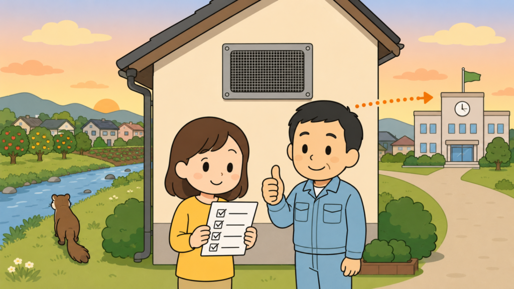 夕暮れの川沿いの住宅地で、金網を張った換気口のある家の前でチェックリストを持つ住民女性と親指を立てる作業服の男性、右奥の市役所へ伸びる点線矢印、川ぎわへ帰っていくイタチの後ろ姿を描いたいらすとや風イラスト