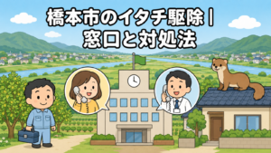 紀の川沿いの平地に広がる橋本市の住宅地と果樹園、南北の山なみを背景に、時計と旗のある市役所と電話で相談する住民女性、受話器を持つ市職員、屋根の上のイタチ、工具箱を持つ作業服の男性を描いたいらすとや風イラスト