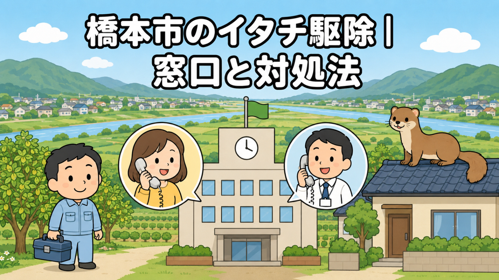 紀の川沿いの平地に広がる橋本市の住宅地と果樹園、南北の山なみを背景に、時計と旗のある市役所と電話で相談する住民女性、受話器を持つ市職員、屋根の上のイタチ、工具箱を持つ作業服の男性を描いたいらすとや風イラスト