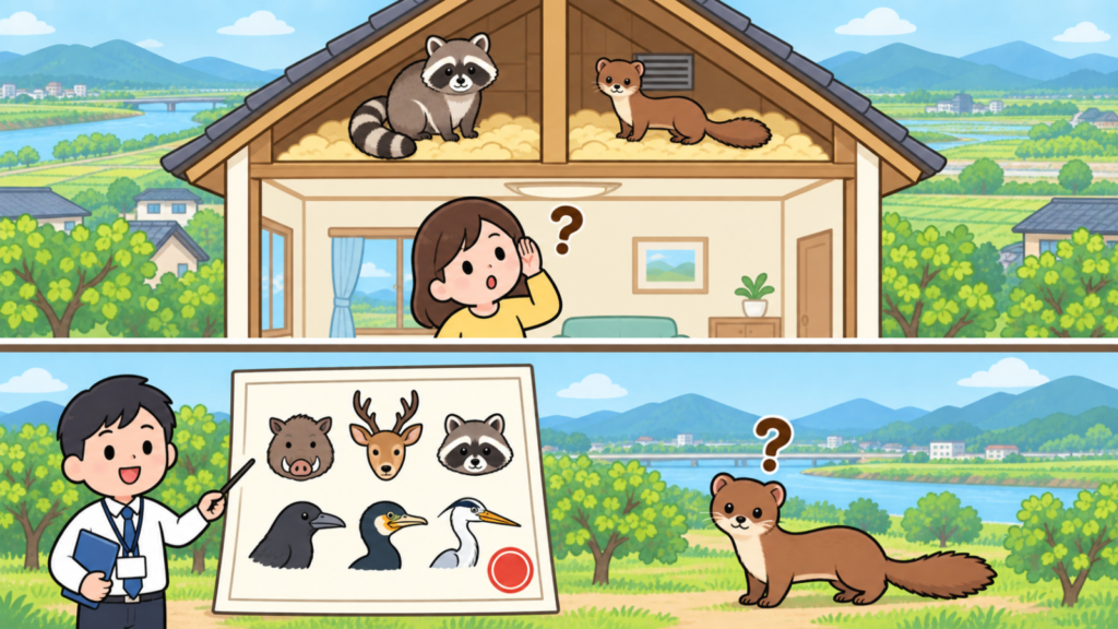 家の断面の屋根裏に縞の尾のアライグマと細長いイタチが並び、下で天井を見上げる住民女性、判子付きの書類にイノシシ・シカ・アライグマ・カラス・カワウ・サギの顔が並びその外にイタチを置いたいらすとや風イラスト