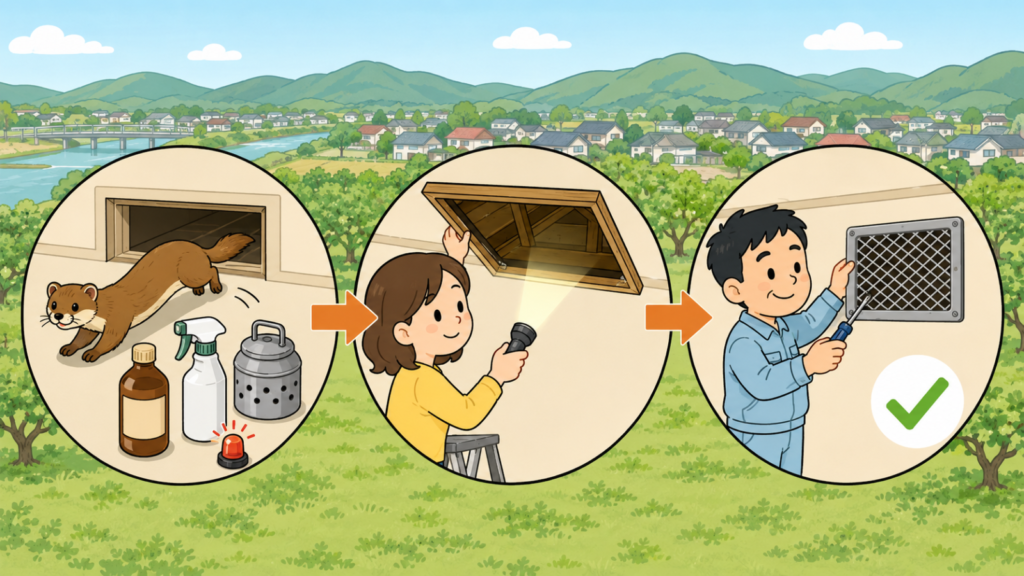 木酢液や忌避剤スプレー、くん煙剤と点滅ライトで嫌がって離れていくイタチ、天井の点検口を懐中電灯で照らして誰もいないか確かめる住民女性、換気口に金網を取り付ける作業服の男性を矢印でつないだいらすとや風イラスト